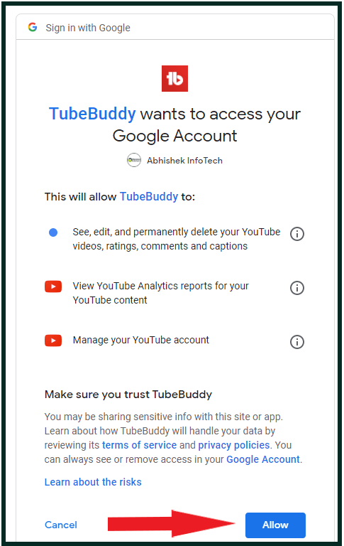 TubeBuddy wants to access your Google Account