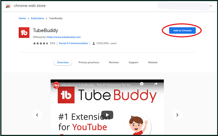 TubeBuddy extension add to chrome page.