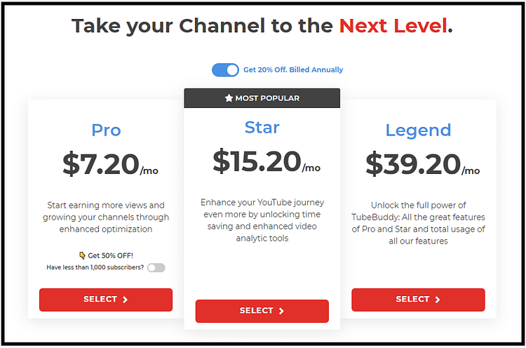 tubebuddy pricing pro, star and legend